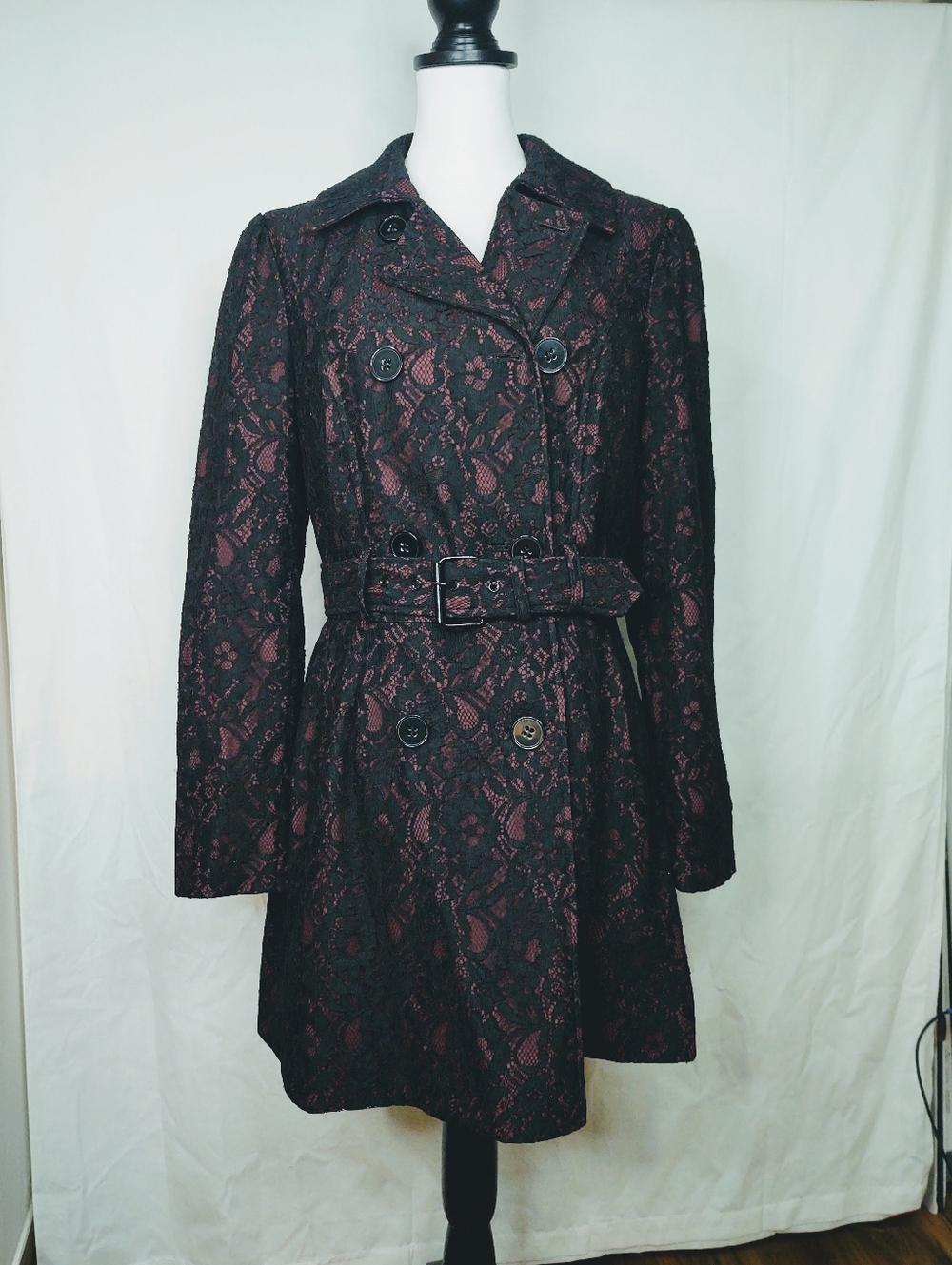 Cass Double Breasted Trench Coat Lace Overlay Sz L